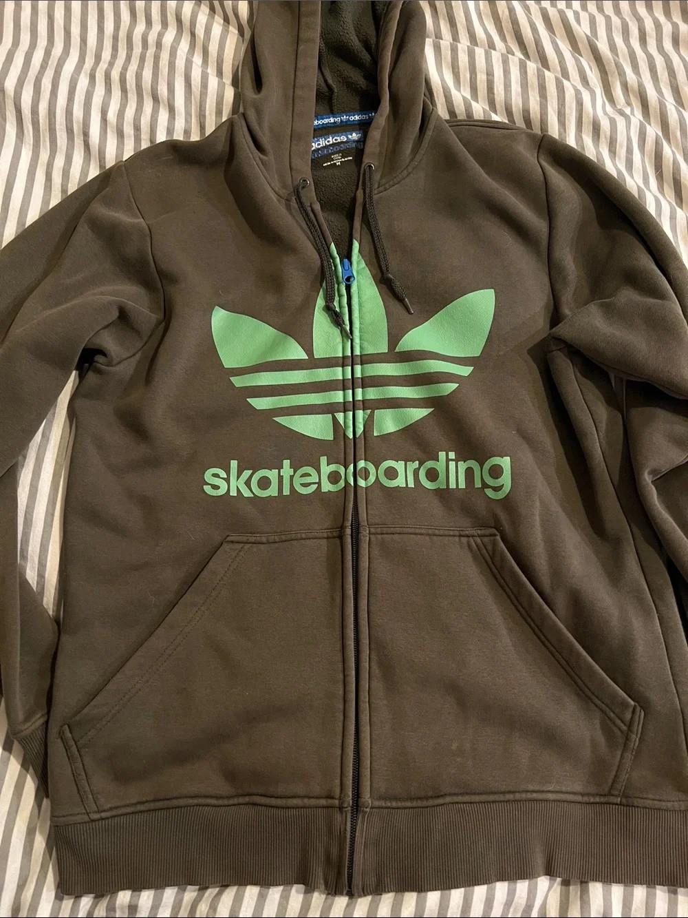 adidas Kids Brown Zip Hoodie with Green Trefoil Skateboarding Logo